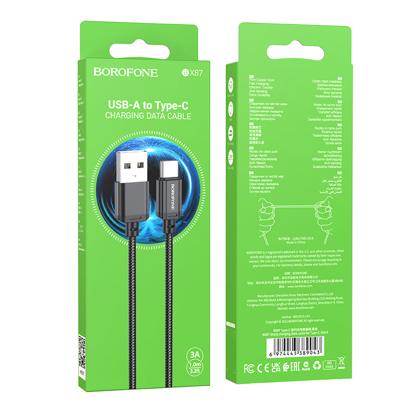 Data and Charging Cable USB-A - USB-C Borofone BX87 Sharp BX87, 60W, 1m, Black 