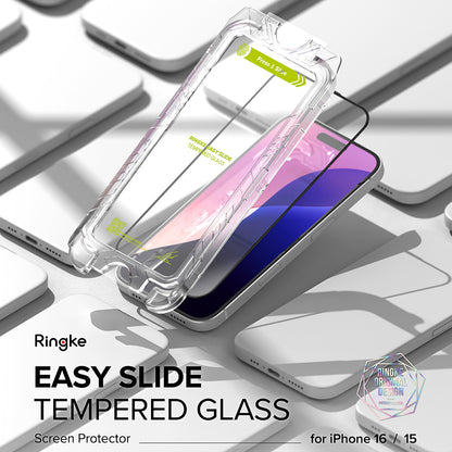 Ringke Easy Slide Screen Protector for Apple iPhone 16 / 15, Glass Shielded, Full Glue, Set 2 pieces, Black